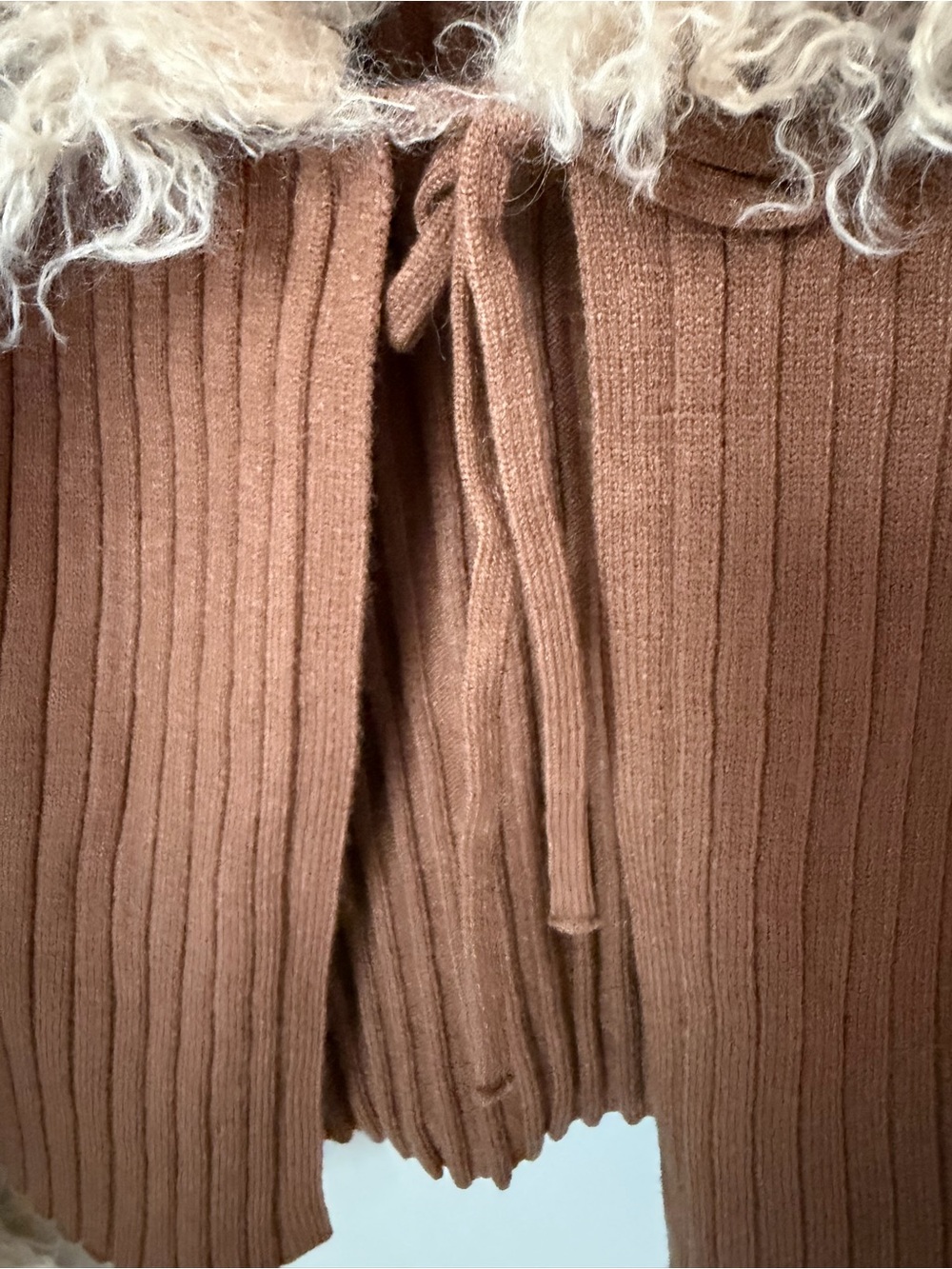 Brown Ribbed Tie-Front Cardigan with Cream Faux-Shearling Trim - Picture 3 of 4